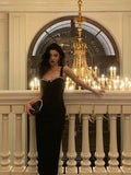Niulatu Sheath Straps Black Satin Prom Dresses With Beads Birthday Dress SD569