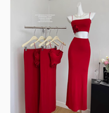 Cute Mermaid Spaghetti Straps 2 Pieces Red Long Summer Dress For Women HZ1214