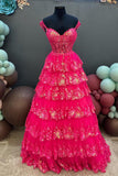 Fuchsia Sequin Tiered Ruffle A-line Long HZ0308