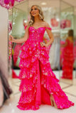 Fuchsia Sequin Tiered Ruffle A-line Long HZ0308
