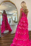 Fuchsia Sequin Tiered Ruffle A-line Long HZ0308