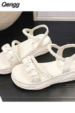 Niulatu Women Platform Sandals 2025 Fashion Strap String Bead White Black Slippers Casual Ladies Shoes Thick Sole Zapatos Mujer DJSE