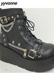 Niulatu Women Goth Platform Mid Calf Boots Wedges Heeled Cospaly Autumn Combat Boots Design Luxury Motorcycle Boots Shoes DJSE