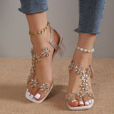 Niulatu Women Sandals 2025 Summer Crystal Flower Decoration Chunky Heel Peep Toe Back Strap Elastic Band Elegant Fashion Women's Shoes DJSE