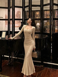 Niulatu Mermaid Square Neckline Long Sleeves White Long Prom Dresses Birthday Dress SD292