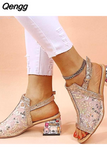 Niulatu Women Summer Fashion Mid Heels Peep Toe Shoes for Women Glitter Sandals Ladies Buckle Strap Bling Rhinestone Sandals DJSE
