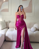 Niulatu V-Neck Strapless Beaded Ruched Satin Sheath Long Evening Dress HZ1007