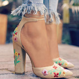 Niulatu High Heels Embroidery Flower Pumps Ankle Strap Female Pointed Toe Shoes Heel Sandal for Women Summer Footwear 43 DJSE