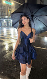 Trendy Ball Gown Sweetheart Satin Navy Blue Mini Short Formal 7th Grade Homecoming Dresses Middle School Short Prom Dress Hoco Outfits HZ1214