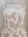 Niulatu A line Spaghetti Straps White Satin Floral Dinner Party Dresses Birthday Outfits SD385