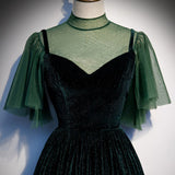 Niulatu Green Tulle Velvet Cap Sleeve Long Dress Customize Formal Prom Dress HZ0113