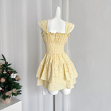 Niulatu A line Strapless Sleeveless Yellow Floral Holiday Dresses Beach Dress Birthday Outfits SD289