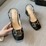 Niulatu New Fashion Single Shoes Women Decorative Button Retro Chunky Heels Sandals Women Square Head Shallow Mouth Shoes DJSE