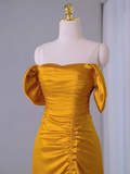 Niulatu Off The Shoulder Yellow Pleated Prom Dress Slit Evening Dress HZ1007