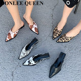 Niulatu Brand Designer Women Slippers Fashion Leopard Mule Flat Pointed Toe Casual Shoes Slide Low Heel Snake Sandal Big Size DJSE