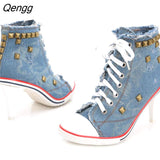 Niulatu Women Canvas Shoes Denim High Heels Rivets Shoes Fashion Shoe Laces Sneakers Women Short Women's Pumps black blue DJSE