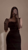 Niulatu Straps Black Velvet Slit Feathers Prom Dress Long Evening Dress HZ1007