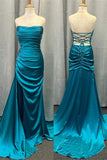 Ruched Teal Blue Satin Mermaid Prom HZ0308
