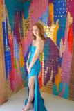 Ruched Teal Blue Satin Mermaid Prom HZ0308