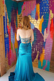 Ruched Teal Blue Satin Mermaid Prom HZ0308
