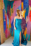 Ruched Teal Blue Satin Mermaid Prom HZ0308