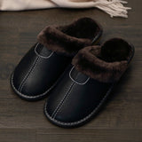 Niulatu Men Winter Leather Slippers Bedroom Cotton Slippers Male Waterproof Thick Plus Velvet Indoor Warm House Home Slippers Shoes DJSE