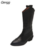 Niulatu Autum Women Knee High Boots Mid-Calf Heels Cowboy Boots Women Pointed Toe Shoes Female Winter Zipper Boots Plus Size DJSE