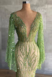 Niulatu Deep V Neck Green Prom Dress Full Sleeve Crystals Sequined Mermaid Fashion Evening Gown Pageant Dresses HZ0113