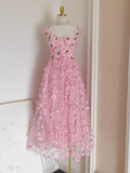 Niulatu A Line Straps Pink Floral Tulle Lace Prom Dresses Birthday Outfits SD377