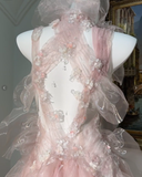 Niulatu Pink Tulle Beaded Prom Dress Long Backless Evening Dress HZ1007