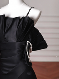 Niulatu Black Spaghetti Straps Satin Off The Shoulder Mermaid Evening Dress Prom Dress HZ1007