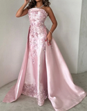 Niulatu Pink Strapless Satin Appliques Evening Dress Formal Prom Dress HZ1007