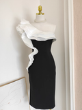 Niulatu Sheath One Shoulder Satin Dinner Party Dresses Black Birthday Outfits SD382