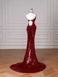 Niulatu Burgundy Sequins Halter V Neck Evening Dress Backless Mermaid Evening Dress HZ1007