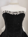 Niulatu A Line Strapless Black Velvet Ruffles Vacation Dresses Short Birthday Outfits SD337
