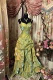 Niulatu Sage Green A-Line Spaghetti Strap Satin Long Prom Dress Beaded Evening Dress HZ1007
