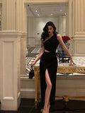 Niulatu Sheath One Shoulder Black Slit Long Prom Dresses Evening Dress SD410