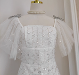 Niulatu A line Square neckline Tulle White Sequin Party Dress Short Birthday Dresses With Beads SD378