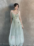 Niulatu A line Spaghetti Straps Floral Green Prom Dresses Birthday Dress For Women SD247