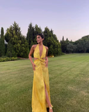 Niulatu A line Halter Neckline Long Yellow Prom Dress Evening Dress Formal Dress SD2161