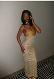 Niulatu Mermaid Strapless Long Yellow Sequin Satin Party Dresses Prom Dresses SD2042