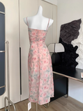 Cute A line Spaghetti Straps Pink Floral Long Chiffon Dress For Women HZ1214
