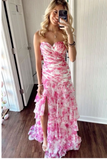 Niulatu Strapless Chiffon Print Floral Layered Evening Dress Slit Prom Dress HZ1007
