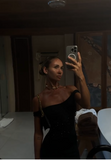 Niulatu Sheath Off The Shoulder Black Satin Evening Dress Prom Dresses SD1721