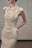 Niulatu Mermaid Halter Sleeveless Wedding Dresses Glittering Straps Pearls Wedding Dress HZ1110