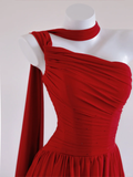 Niulatu Red A Line One Shoulder Chiffon Long Prom Dress Party Dress HZ0113