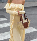 Niulatu Off The Shoulder Ruffles Cream Long Prom Dress Slit Party Evening Dress HZ1007