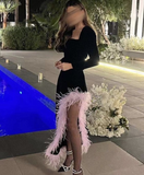 Niulatu Black Long Sleeves Evening Dress With Feathers HZ1007