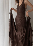 Niulatu Mermaid Sleeveless Halter Brown Long Prom Dress HZ0113