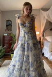 Niulatu Blue Floral Print Long Prom Dress Blue Evening Dress HZ1007